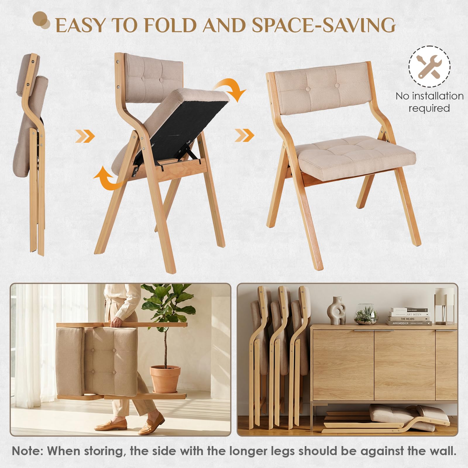 Clevich Chaises Pliantes Tapissées 4pcs, 47 x 55 x 77 cm, chaises Pliantes interieures en Bois, pour Adultes, Style Nordique avec Bois et Tissu Lin, pour invités, Bureau, Mariage et fête, Beige