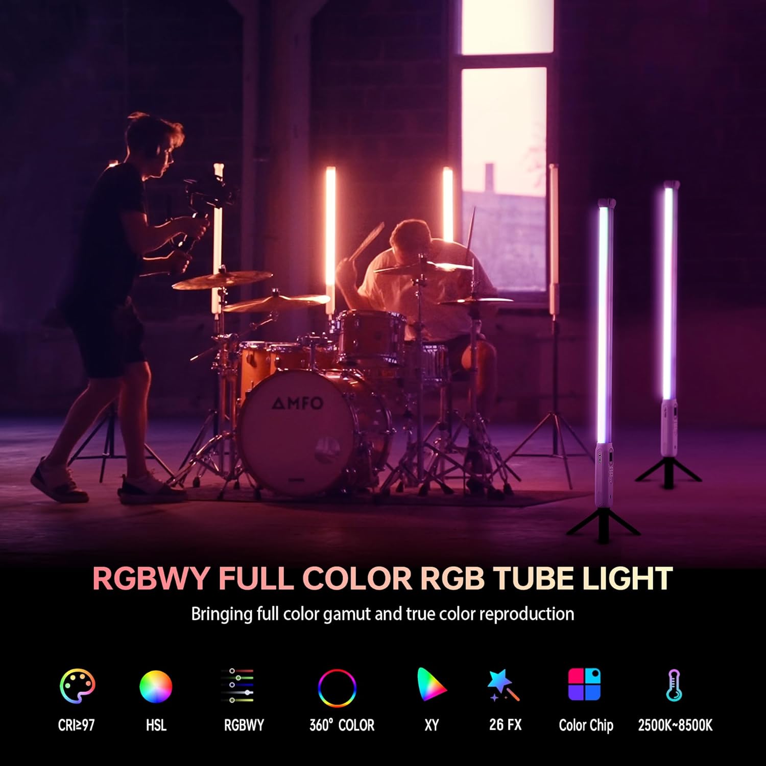 VILTROX P12 RGBWY Full Color Tube Light highlighting its color rendering index, HSL, RGBWY, 360 degree color, XY, 26 FX, Color Chip, and 2500-8500K features.