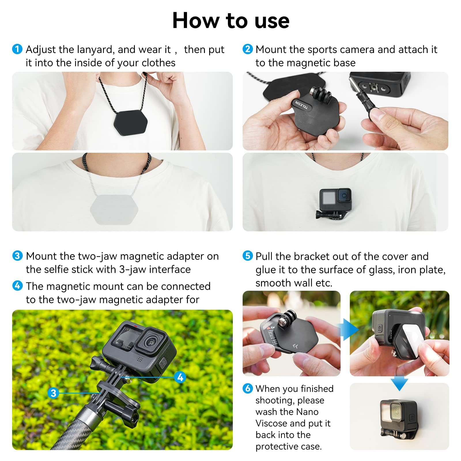 TELESIN Soporte Magnético Snap Cuello y Pecho para GoPro Hero 13/12/11/10/9, Insta360, dji Osmo Action, con Base de Liberación Rápida, Montura de Nanoviscosa, Kit de Adaptador de Palo Selfie