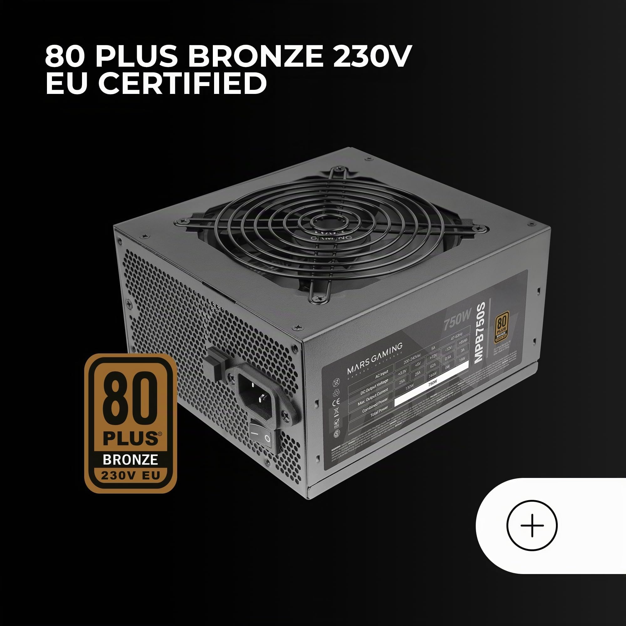 Mars Gaming MPB750S, Alimentation ATX ARGB 750W, Garantie de 6 Ans, 80Plus Bronze 230V EU, Efficacité de 90%, Ventilateur 120mm AI-RPM, Éclairage ARGB MB Control, Technologies DC-DC et SMD, Noir