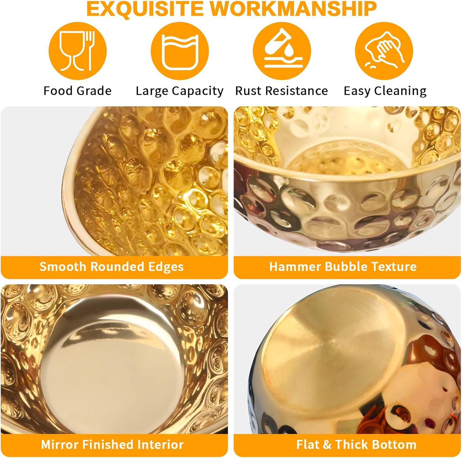 Stainless Steel Mixing Bowls Set, 5PCS Gold Hammered Bowls, 4.9/4.2/3.2/2.1/1.6QT Mixing Bowls for Kitchen, Nesting Design Serving Bowls