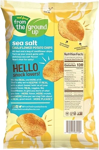 Miniatura 2 de Real Food From The Ground Up Chips de coliflor - Paquete de 6 bolsas de aperitivos (sal marina, paquete de 6)
