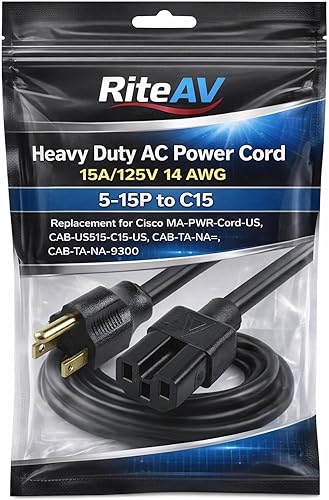 RiteAV - Heavy Duty AC Power Cord 15A/125V 14 AWG 5-15P to C15 Replacement for C