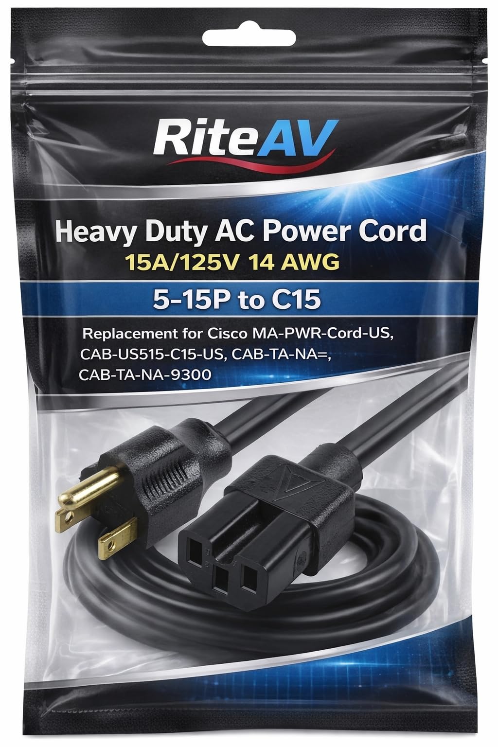 RiteAV - Heavy Duty AC Power Cord 15A/125V 14 AWG 5-15P to C15 Replacement for Cisco MA-PWR-Cord-US, CAB-US515-C15-US, CAB-TA-NA=, CAB-TA-NA-9300,