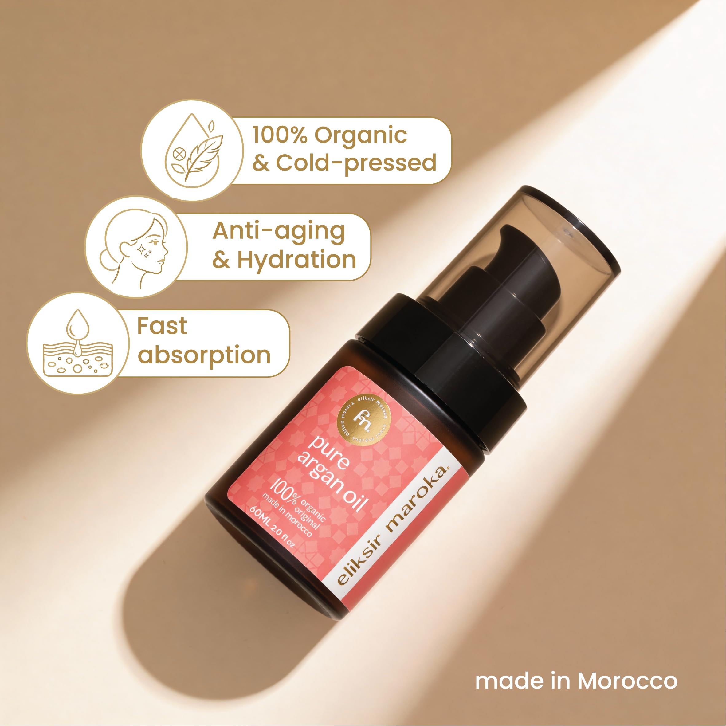 Olej Arganowy 100% Naturalny Dezodoryzowany 60 ml – Eliksir Maroka – Olejek do Twarzy, Ciała i Włosów – Tłoczony na Zimno