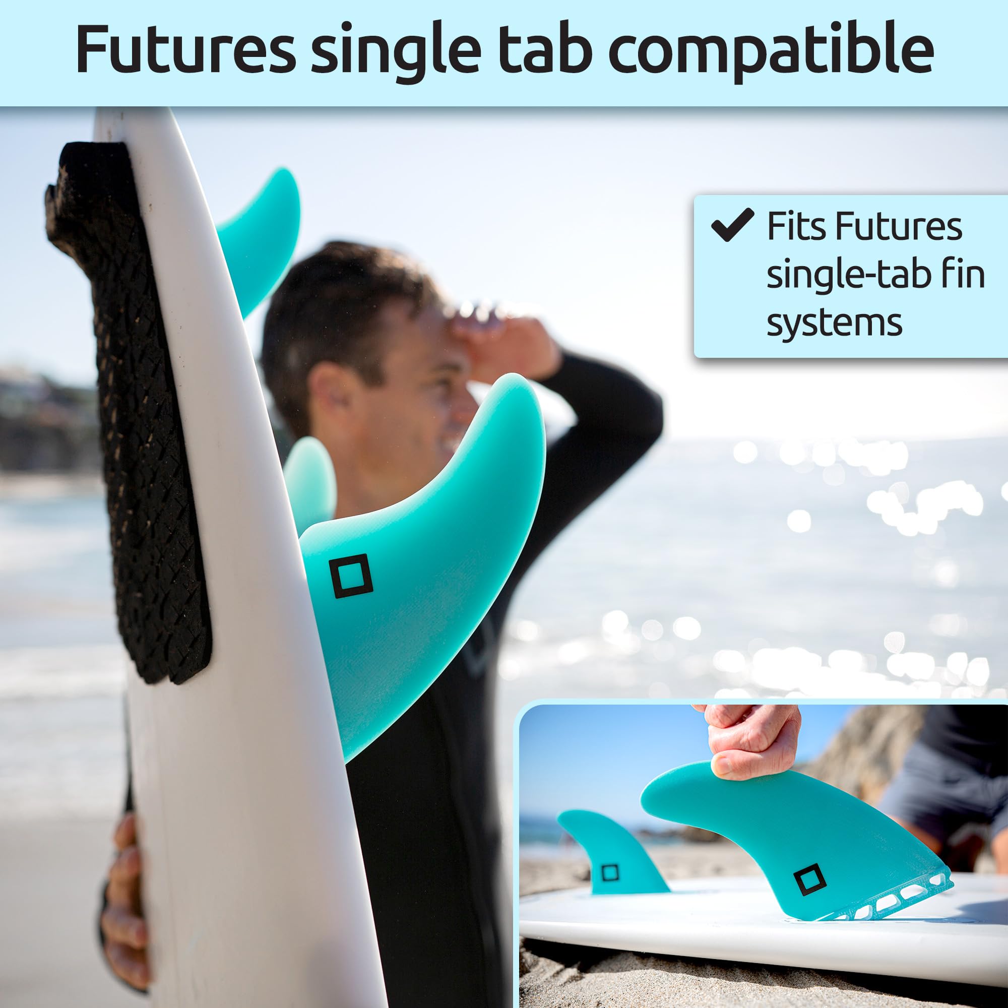 Zestaw Surf Squared Twin, Thruster lub Quad Fin – lite włókno szklane dla lekkiej trwałości i najwyższej wydajności – kompatybilny z deskami surfingowymi Futures Single Tab