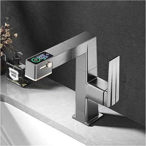 Grifo de baño con rociador extraíble, pantalla de temperatura, lavabo de latón, grifo mezclador frío caliente, corriente de agua de un solo orificio