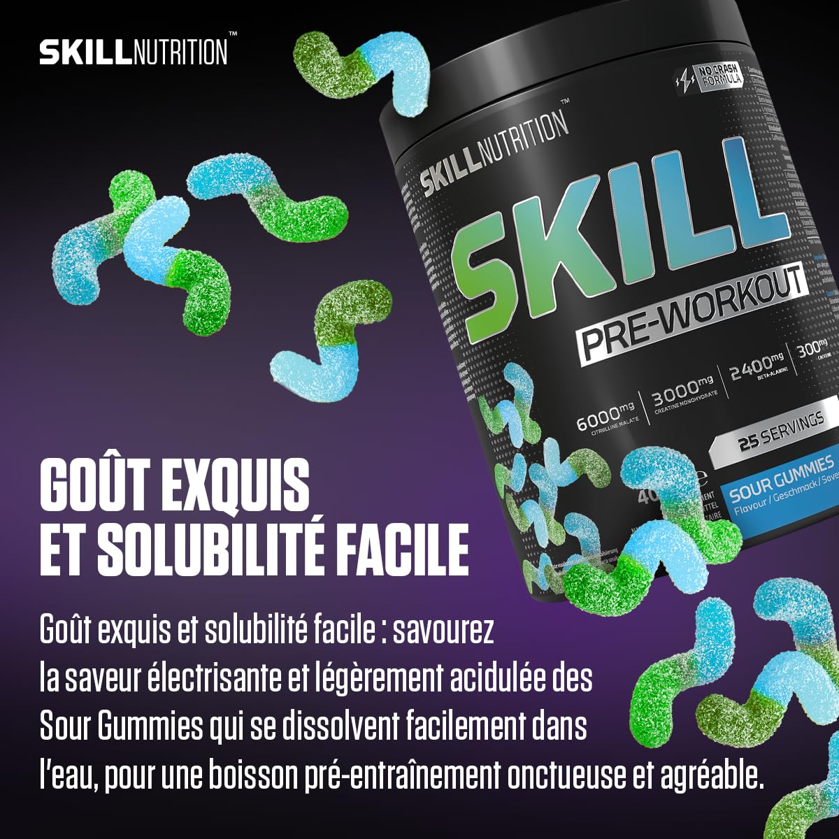 SKILL Nutrition Pre-Workout Sour Gummies | Énergie sans Crash | Xtenergy, TheaGreen, Vitacholine, Astragin | Citrulline, Bêta-Alanine & Vitamines B | Focus & Performance | Végétalien & Halal