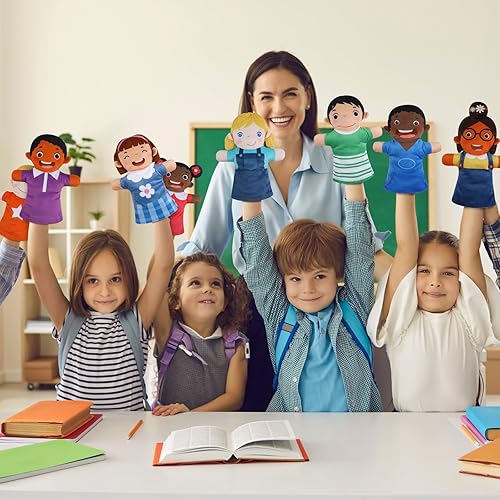 Miniatura 6 de Poen Juego de 8 títeres de mano para niños, títeres de mano multiculturales a granel de felpa suave para niños pequeños, aprendizaje de interacción