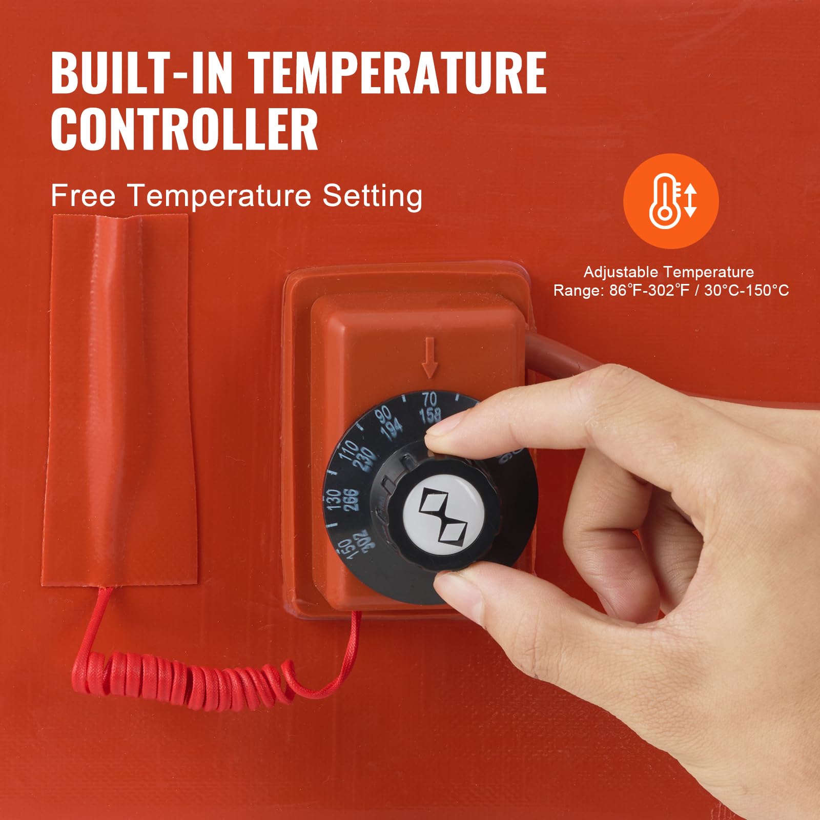 VEVOR Chauffe-fût en Métal, 1200 W, Bande Chauffante pour Baril 55 gallons, Largeur 125 mm, Thermostat Réglable 30°C-150°C, Ceinture Chauffante de Fûts de Graisse en Silicone Haute Efficacité, Orange