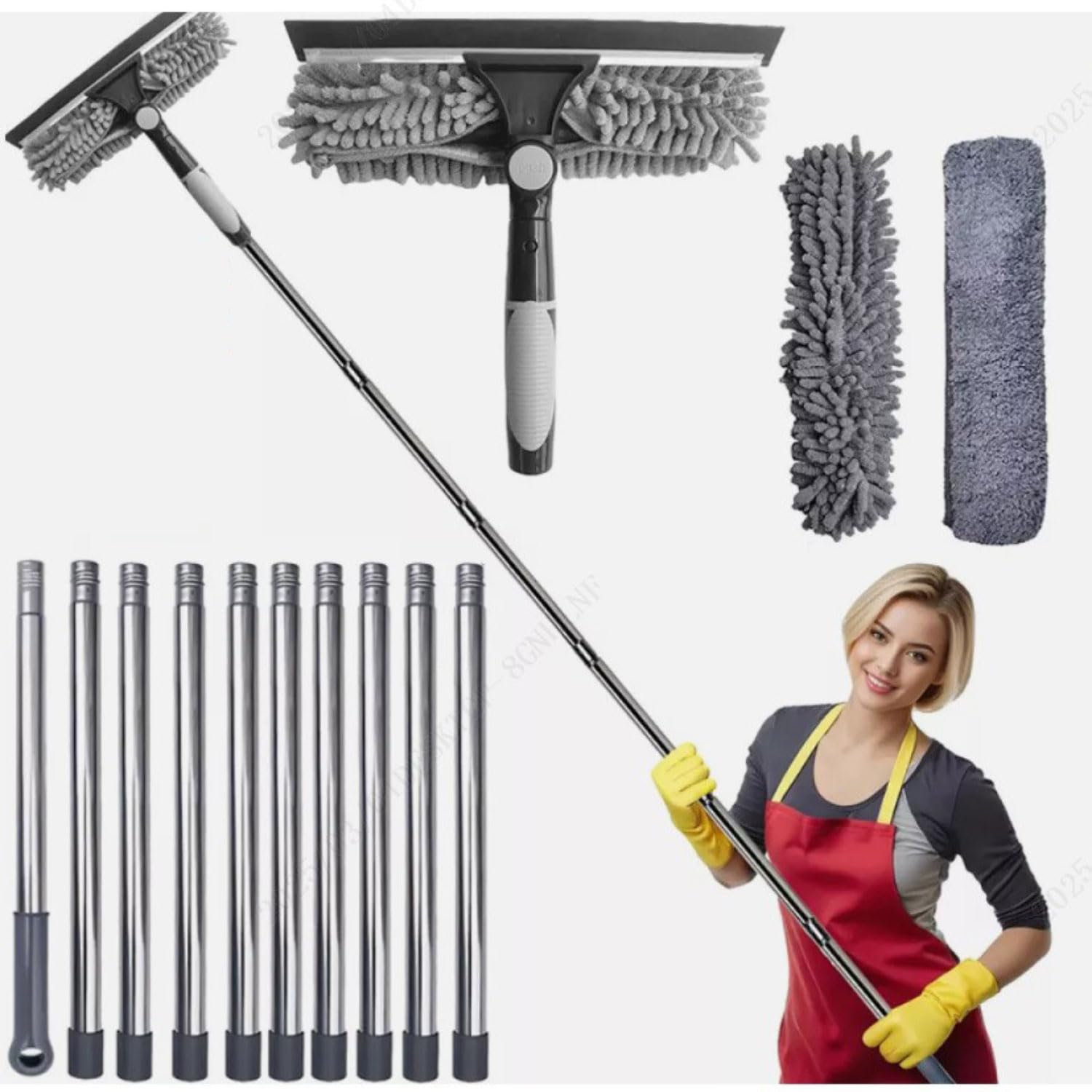 3-en-1 Nettoyeur de Raclette Vitre Kit avec Manche Telescopique Brosse nettoyante Extensible Perche Télescopique Nettoyage Extensible Balai Lave vitre avec Raclette pour Panneaux Solaires