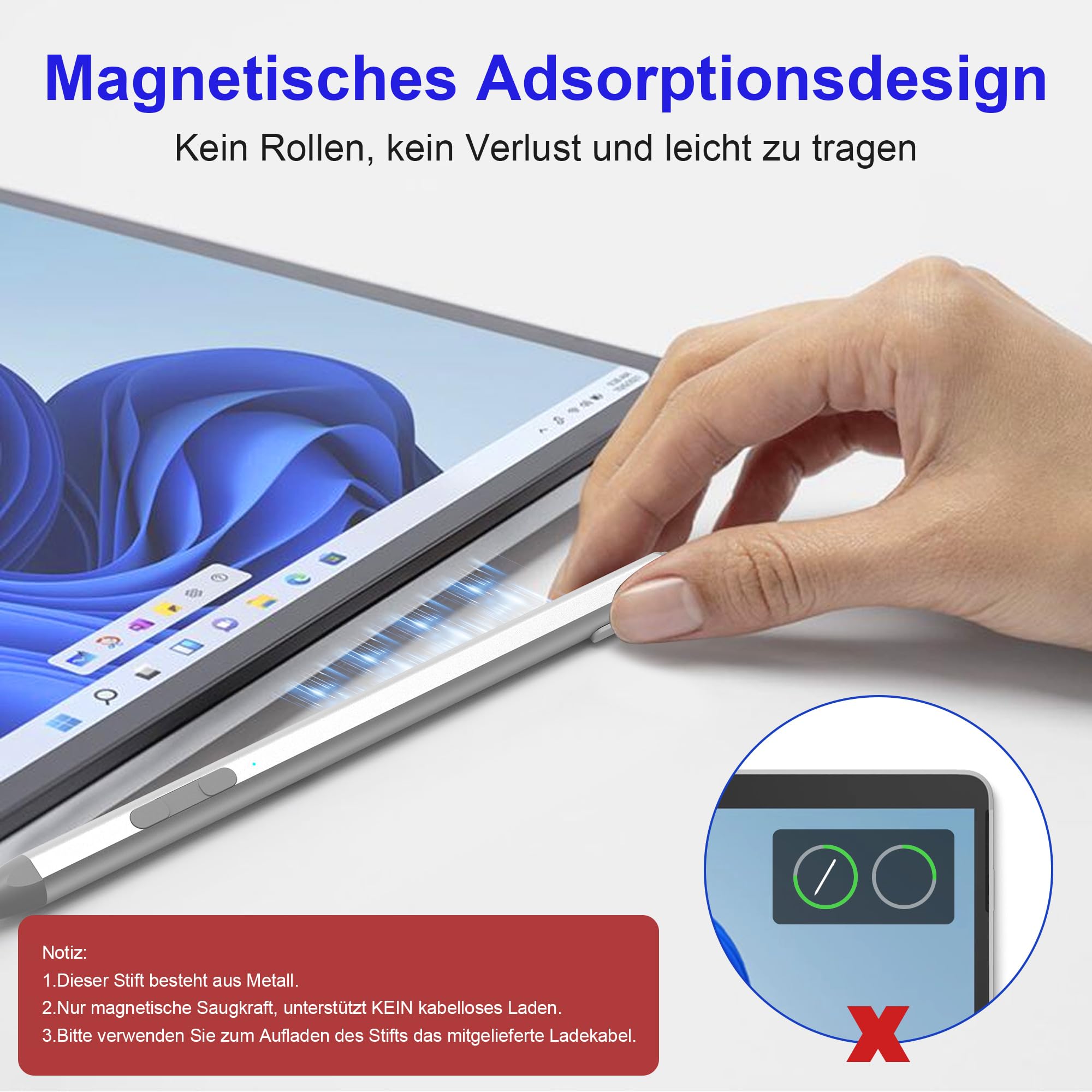 Surface Pen für Surface Pro 12/11AI+PC/11/10/X/9/8/7/7+/6/5/4/3, Surface Book/Laptop/Go/Studio Stift mit Palm Rejection,4096 Druckempfindlichkeit,Magnetisch,4 Spitzen,30min schnelles Aufladen