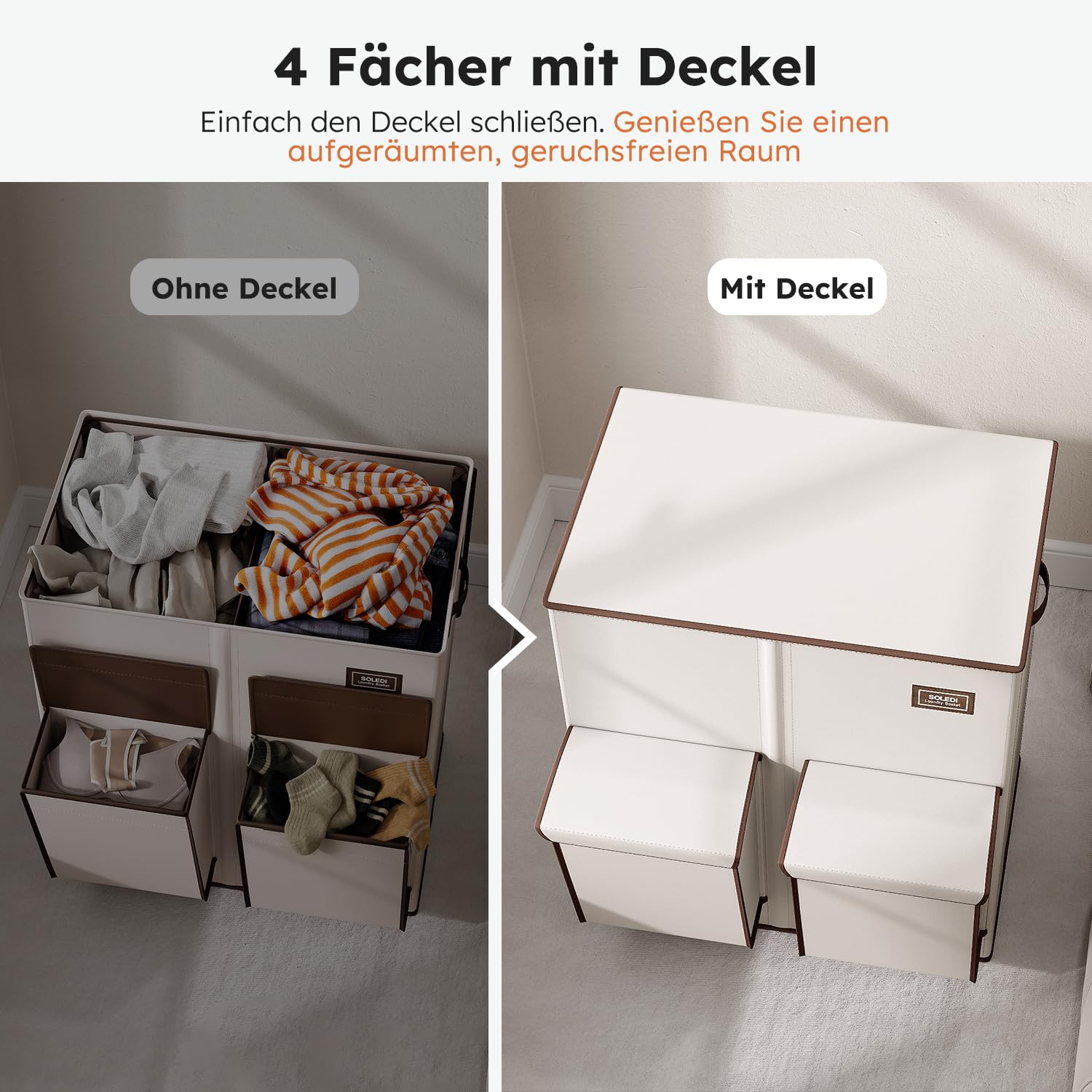 SOLEDI 180L Wäschekorb mit Deckel, Wäschesammler 2 Fächer mit 2 Seitentaschen, Laundr Baskets mit 2 Wäschesack, Wäschesortierer Groß XXXL für Badezimmer, Schlafzimmer, Waschküche