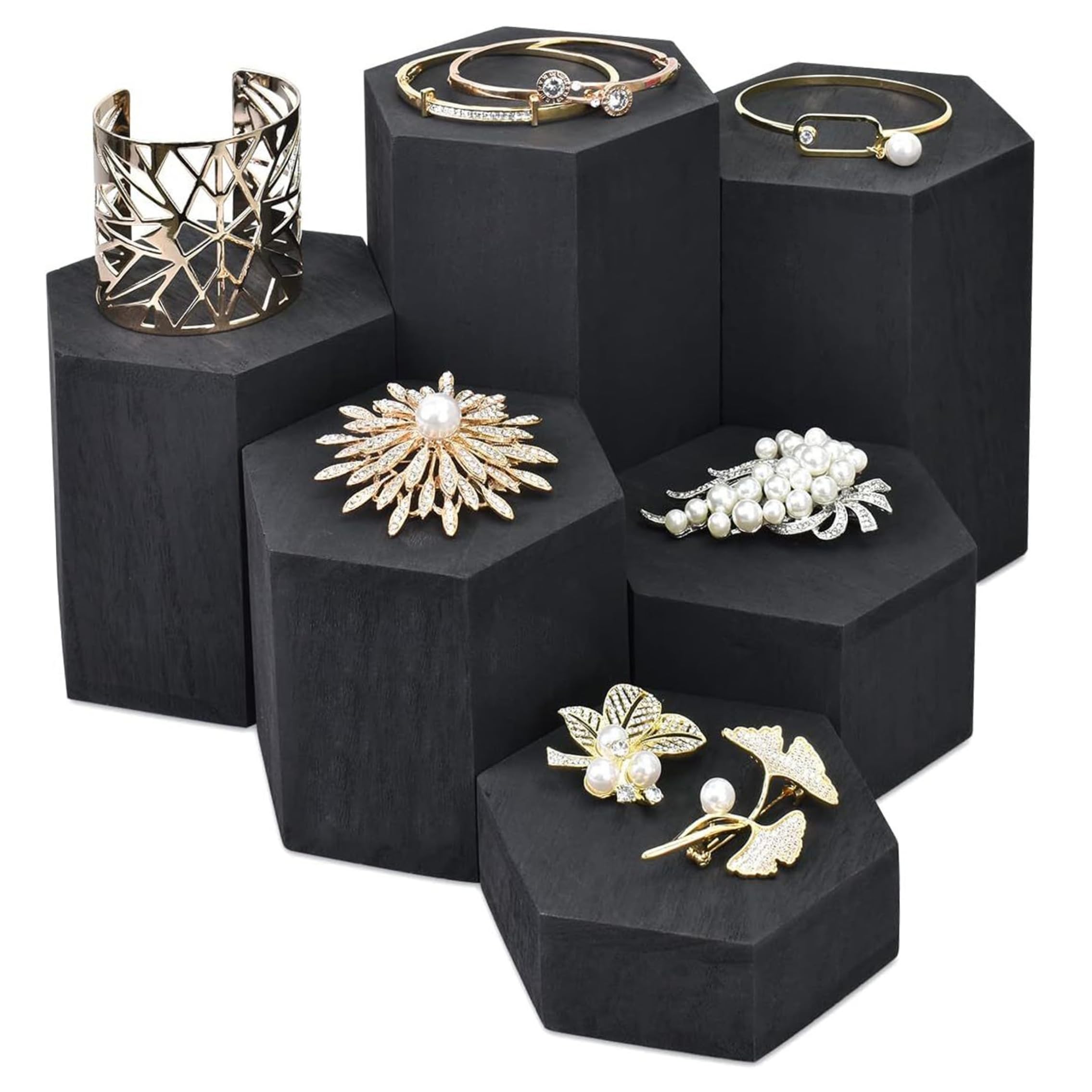 Ginwrek risers for decor Table Risers For Display, 6-pack Black Wooden Display, Hexagonal Pedestal Stands For Figurines, Jewelry, Perfume And Home Decor
