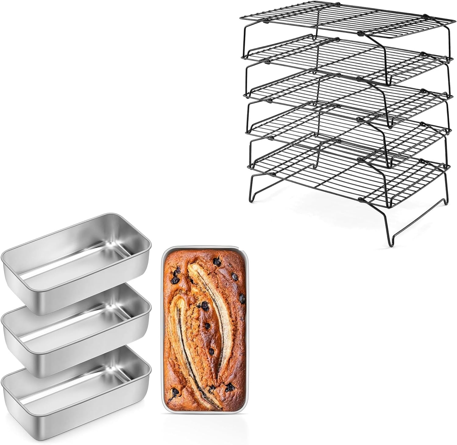 Leonyo 4 Pack Loaf Pans for Baking Bread, 5 Tier Stainless Steel Stackable Cooling Racks for Baking,Homemade Meatloaf, Banana, Brownies, Lasagnas, Dishwasher Oven Safe