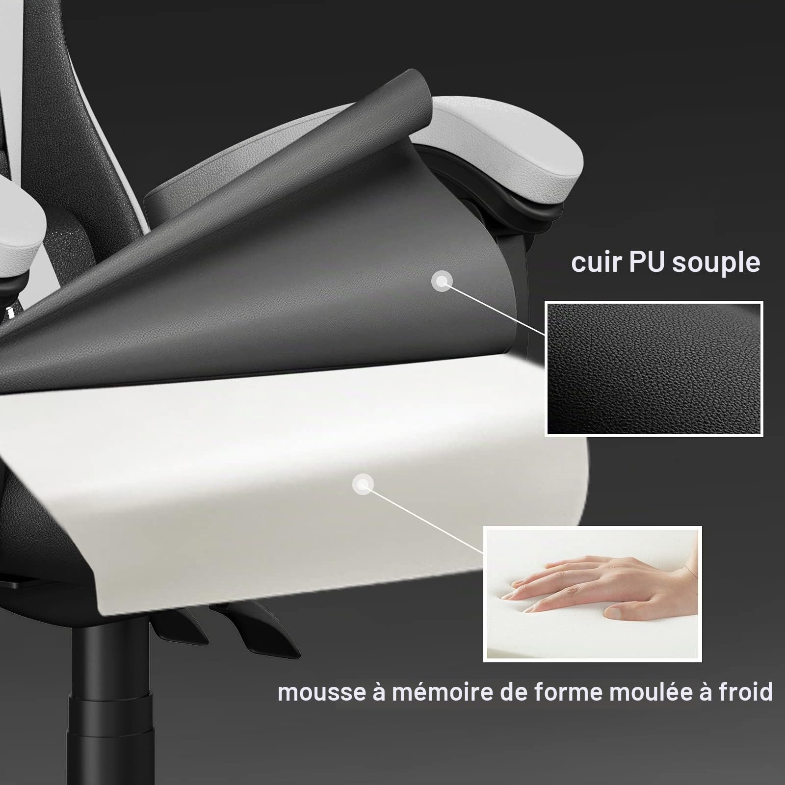 bigzzia Chaise Gaming,Ergonomique PU Cuir Chaise Bureau,Hauteur Réglable,avec Lombaire&Appui-Tête Appui,Dossier Inclinable à 155°,Fauteuil Gaming Adultes Enfants (Blanc)
