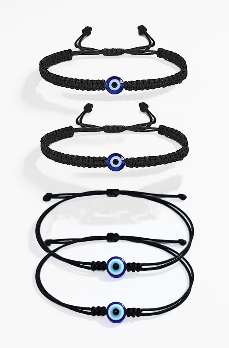 Handmade Nazariya 6 mm Evil Eye Charms Black Thread Bracelet Adjustable for Women, Men, Girls & Boys 4 Piece (BLACK)(AT GIRLS BRCT 036)