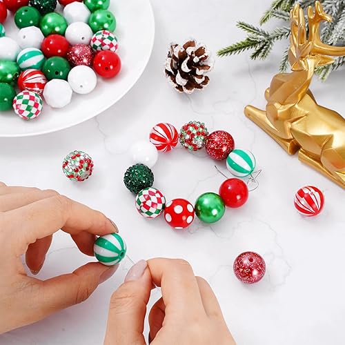 Miniatura 5 de Whaline Juego de 50 cuentas de Navidad mezcladas de 0.787 in con diseño de rayas de elfo y puntos de diamante, juego de cuentas de chicle, 12