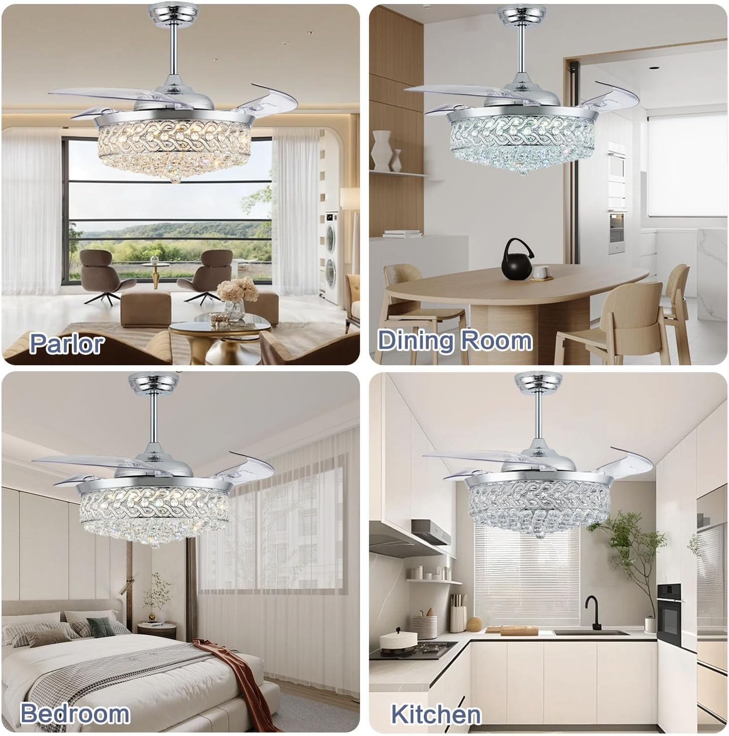 52" Crystal Ceiling Fan with Light and Remote，Dimmable Fandelier with Invisible Retractable Blades, Modern Chandelier Ceiling Fans with Lights for Bedroom Living Room 6 Speed Chrome