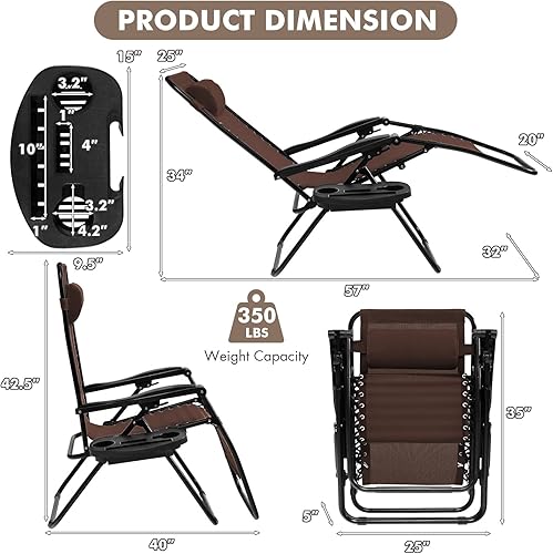 Miniatura 3 de Giantex Zero Gravity - Silla reclinable para patio al aire libre con portavasos y almohada extraíble, respaldo ajustable, silla de salón interior