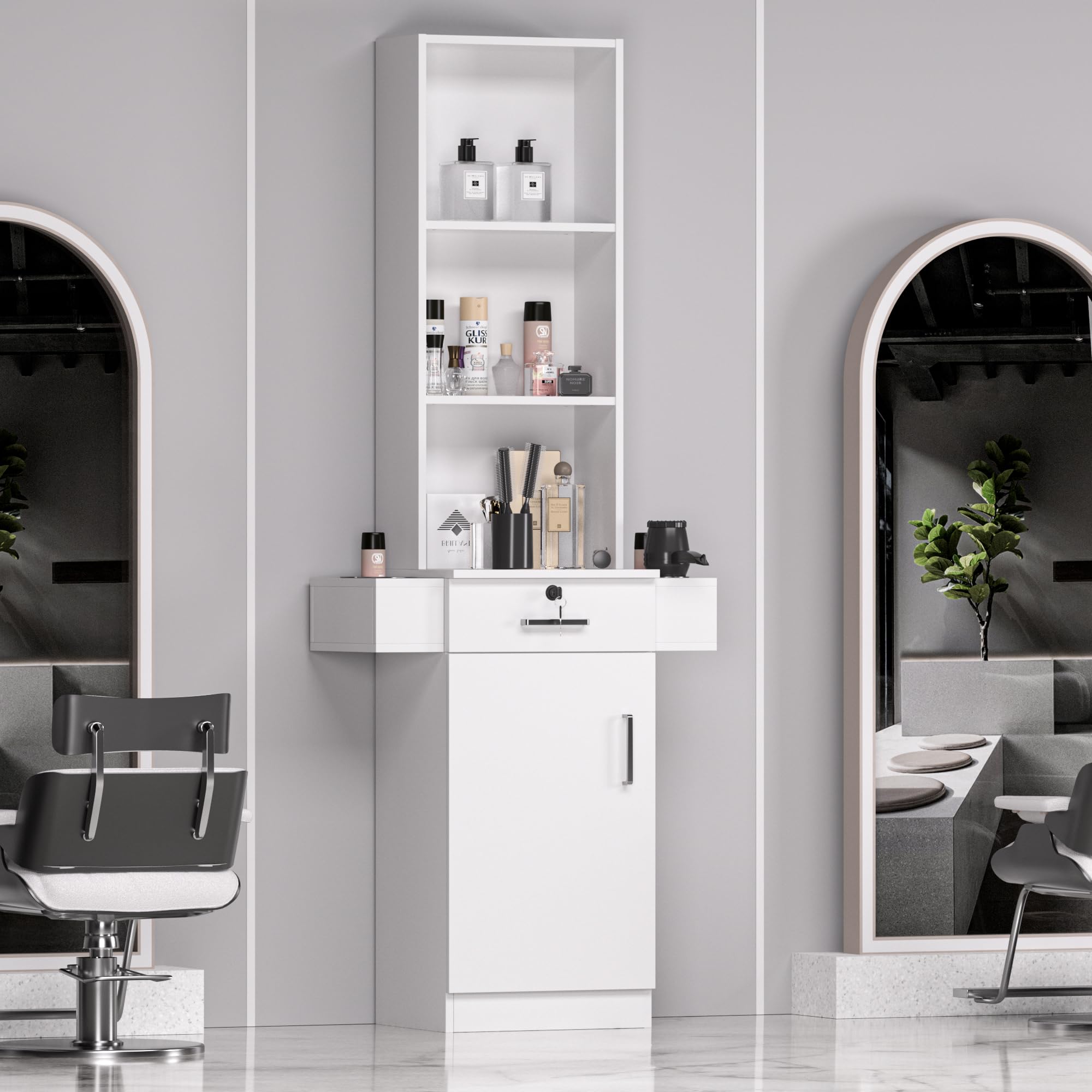 White Barber Salon Work Station For Hair Stylist Home Beauty