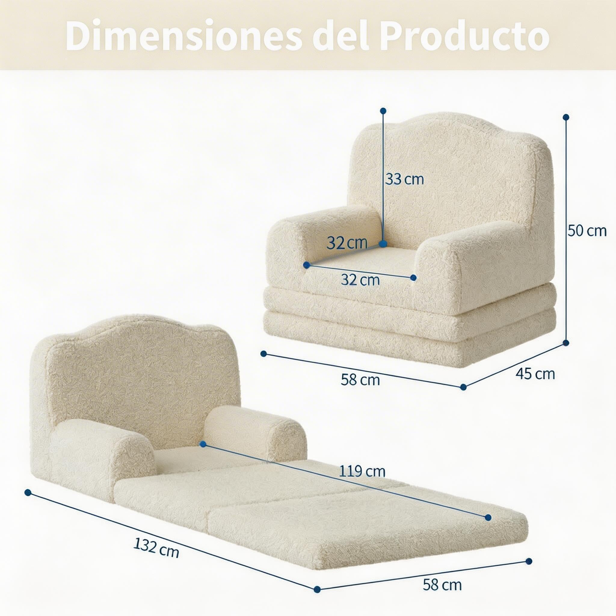 Garvee Sillón Convertible Infantil Diseño Corona – Cama Plegable 2 en 1 para Niños de 2 a 6 Años – Butaca Transformativa con Funda Lavable de Peluche Sherpa para Dormitorio, Sala de Juegos (Blanco)