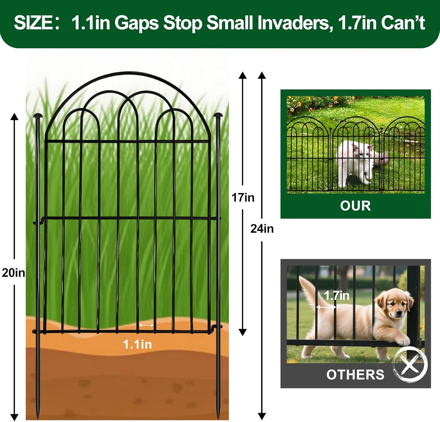 Decorative Garden Fence 17in x 10.8ft (10 Panels), Rustproof Metal No Dig Arched Garden Border Fencing with Stakes, Small Animal Barrier Flower Bed Fence for Yard Patio Outdoor Decor
