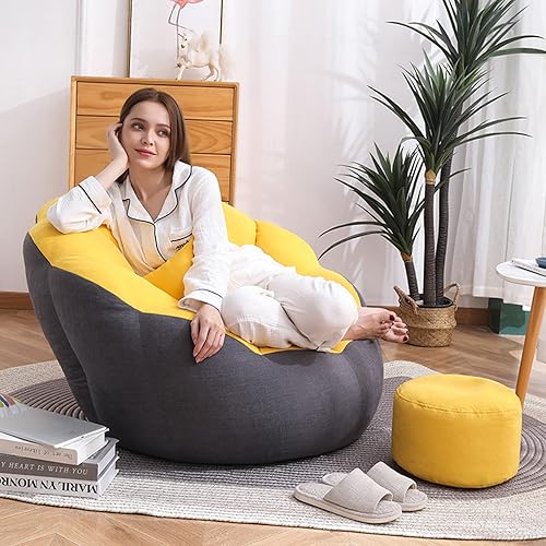 Miniatura 7 de Funda para puf + funda para reposapiés, funda para puf en forma de pétalo (sin frijoles), sofá perezoso para niños, adultos, parejas, silla puf,