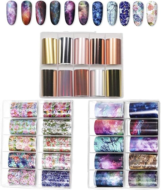 30 Colors Nail Foil Transfer Sticker, Kalolary Big Size Holographic Flower Starry Sky Metallic Nail Art Stickers Tips Wraps Foil Transfer Adhesive Glitters DIY Nail Decoration(10 rolls each box.)