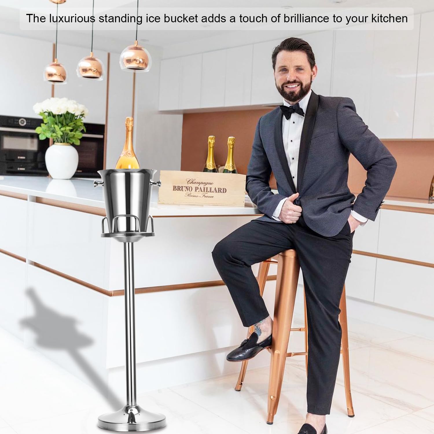 Cubitera de hielo con soporte, cubeta de acero inoxidable, soporte para champán, para fiesta, de pie, para vino, para cerveza, bar, boda, Navidad (01)