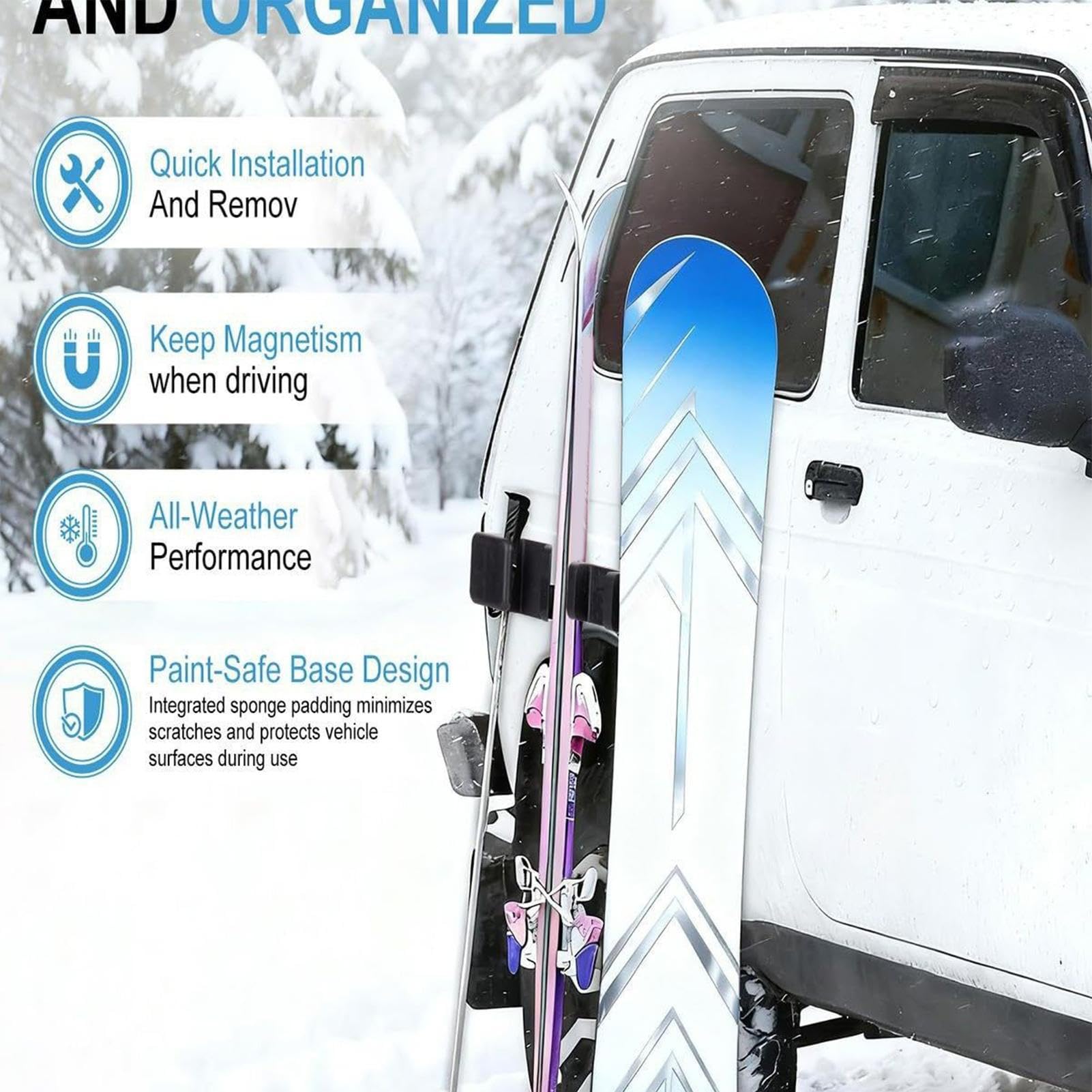 Portaesquís Magnético para el Lateral del Coche - Soporte de Almacenamiento para Esquí de Camión,Portaequipajes para Snowboard De Coche - para Vehículos SUV y Camionetas en Viajes de Deportes de