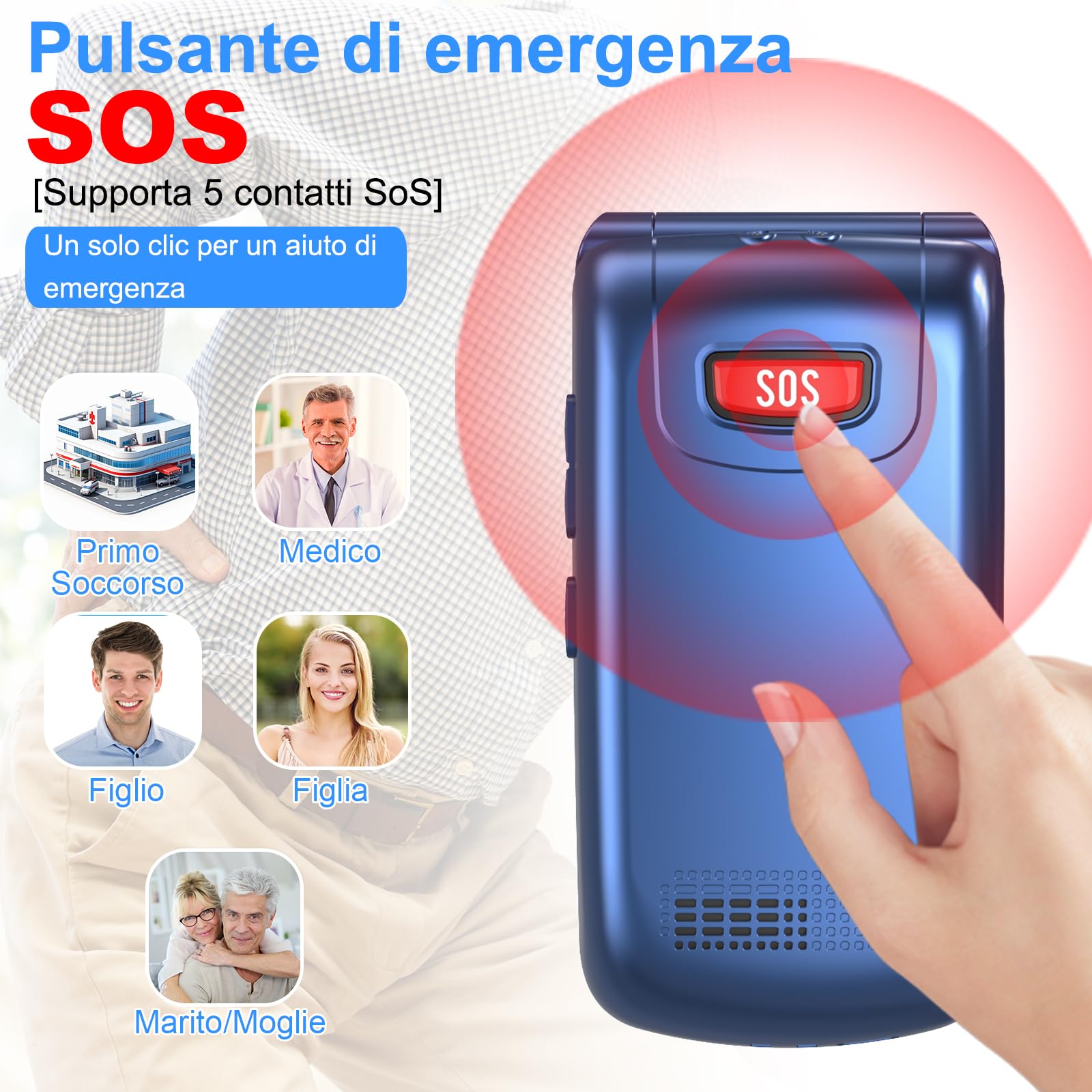 CHAKEYAKE 4G Telefono Cellulare per Anziani,Dual SIM, Flip Telefoni Cellulari con Tasti Grandi, Funzione SOS, Volume alto, 2.4"+1.77" Doppio Display, Torcia, Base (Blu)