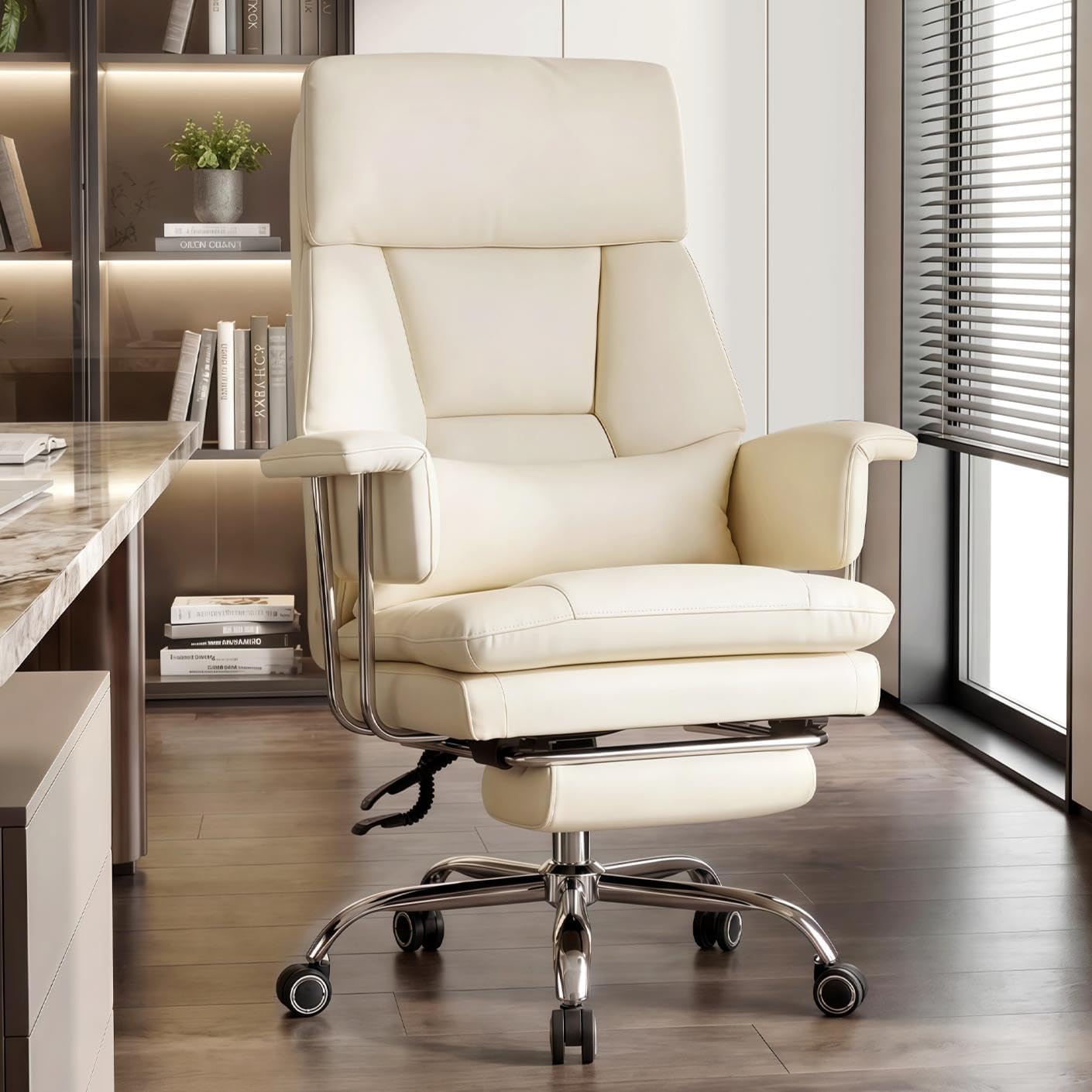 Ergonomic Office Chair with Footrest and Lumbar Support PU Leather Executive Chair 200 kg XXL Desk Chair Swivel Chair with Armrests and Headrest Height Adjustable Beige