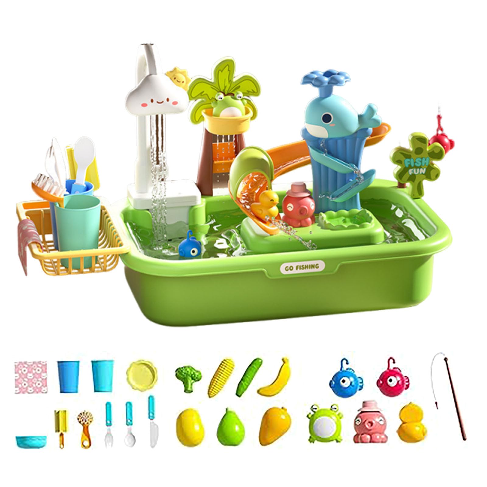 Kids Electric Fishing Pond Water Table, Electric Play Sink with Pump and Running Waters, Water Play Table for Kids with Removable Table,Emovable Legs, 180° Rotating for Indoor/Outdoor Use (Green,A)