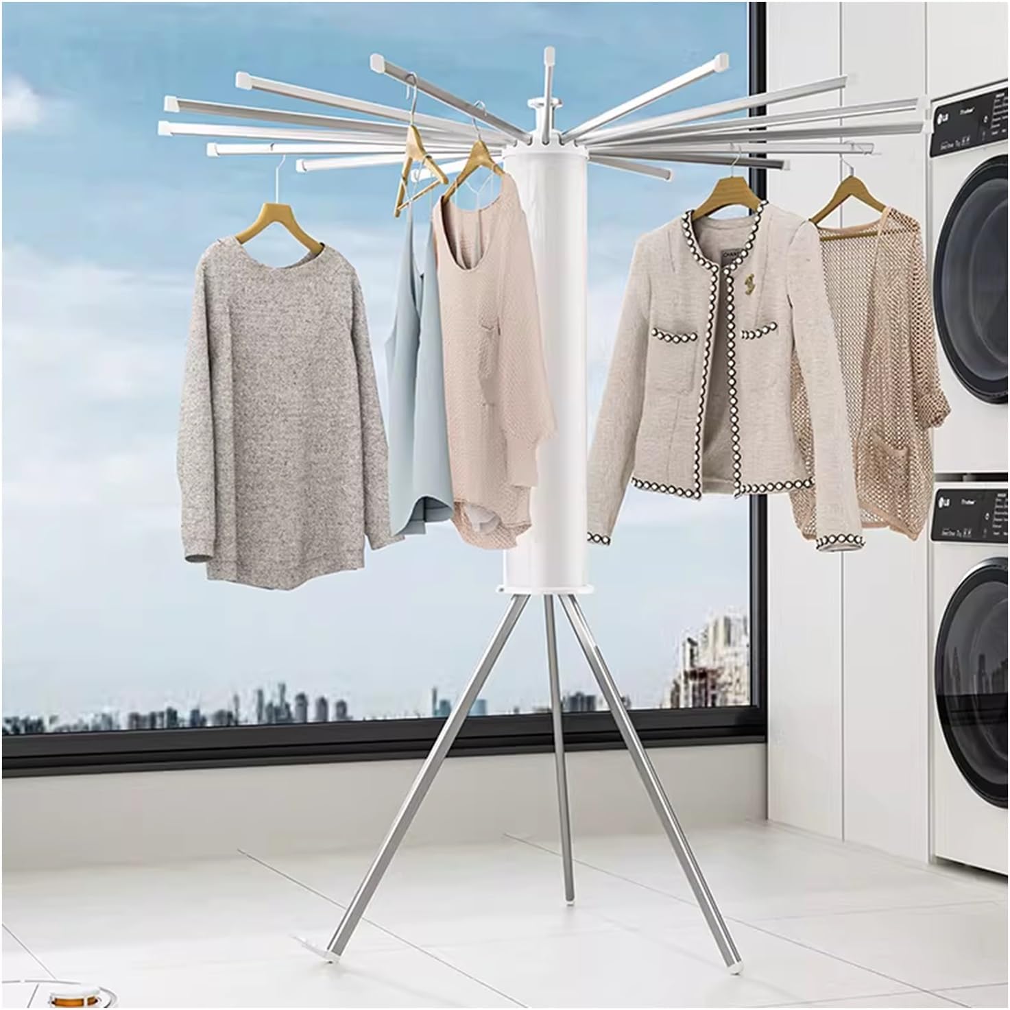 Foldable Portable Clothes Drying Rack, Hanging Dry with 4 Pulleys,Indoor/Outdoor Holder for Clothing,with 16 Expandable Rods,50KG Large Capacity
