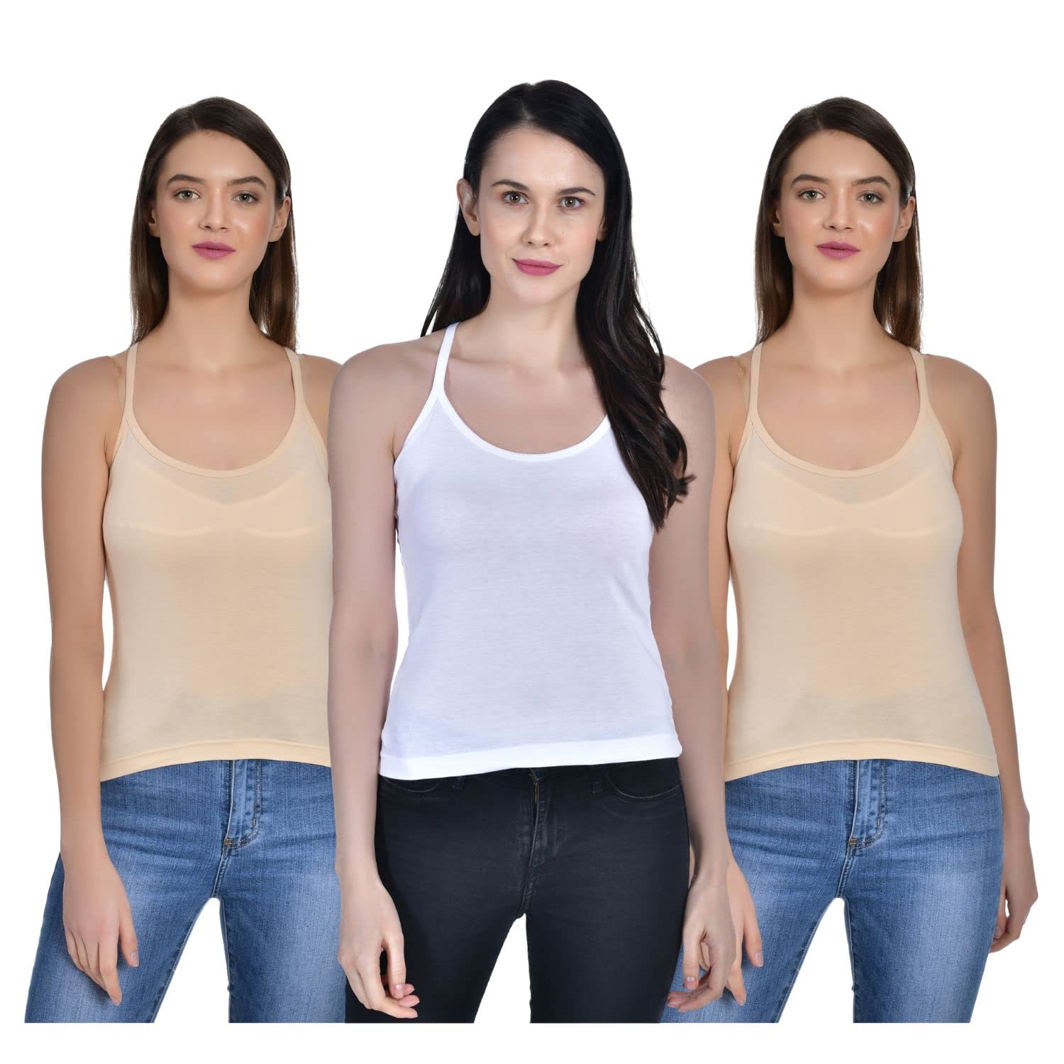 Women's Cotton Sleeveless Scoop Neck Cross Back Spaghetti Pack of 3