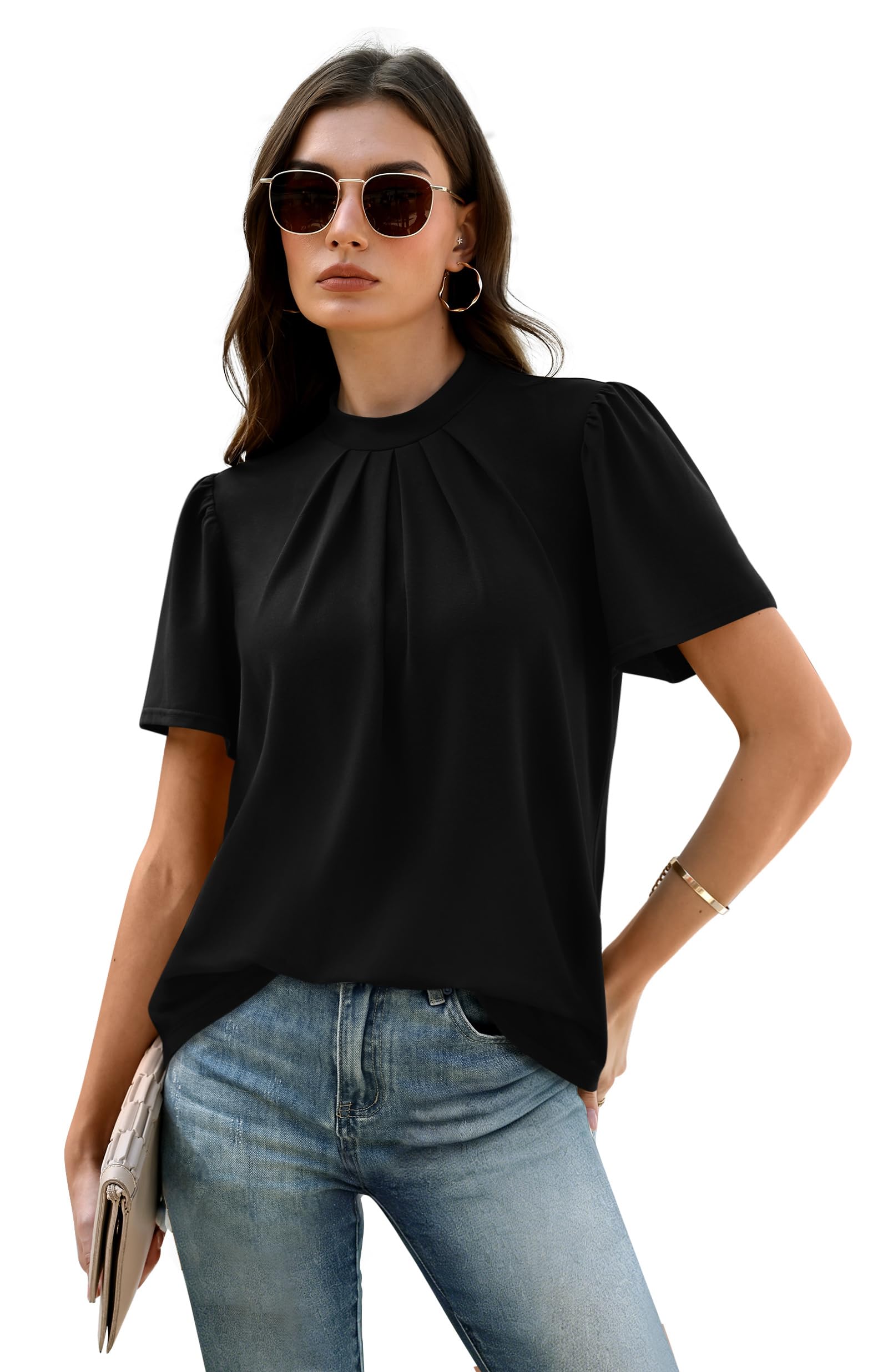 WIHOLL Womens Tops Short Puff Sleeve Shirts Mock Neck Pleated Spring Blouses Dressy Casual Business Casual Summer Outfits — view 5