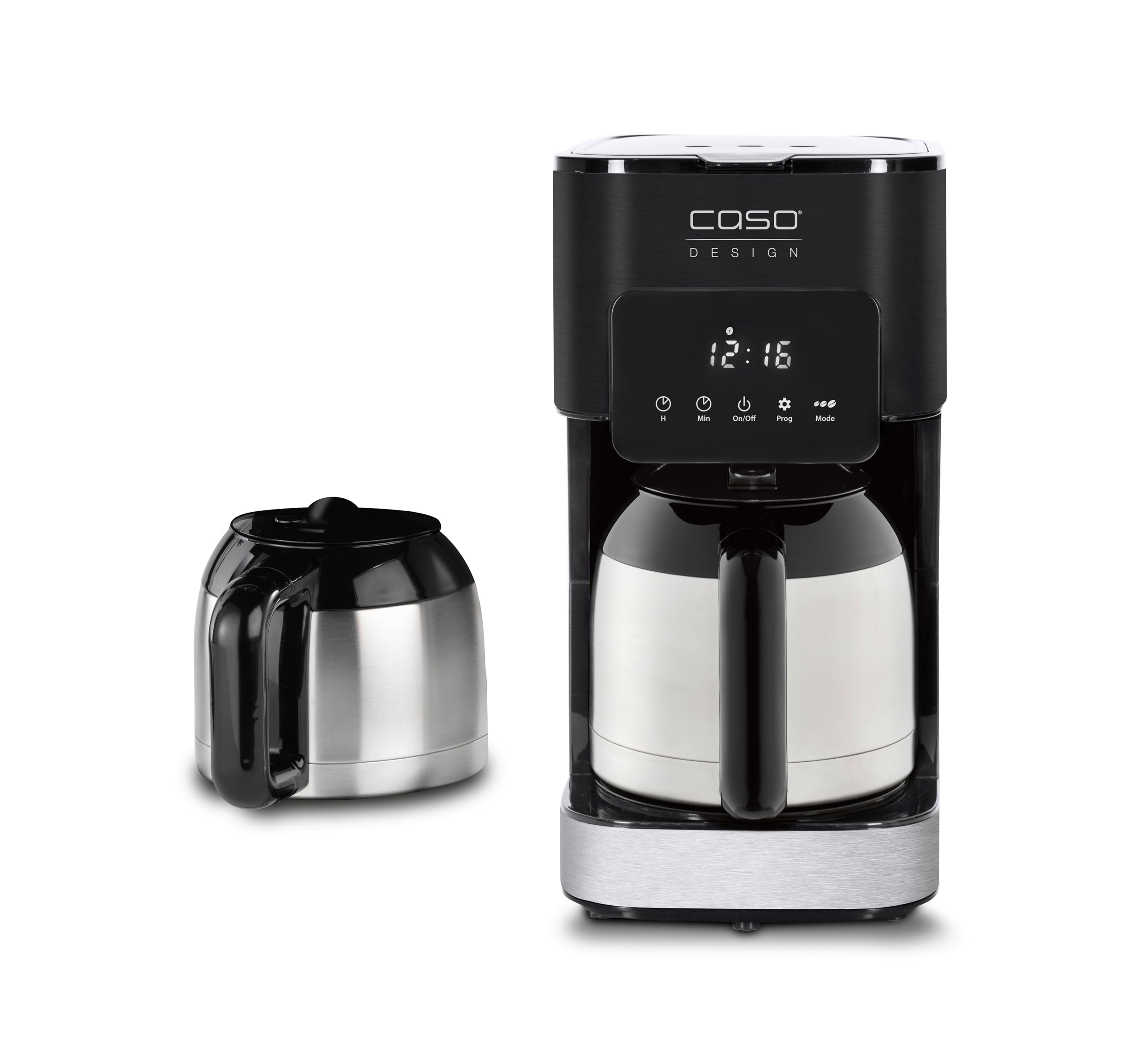 CASO Cafetera de goteo Coffee Taste & Style - Capacidad 1,2L para 10 tazas, 800W, Deposito con ventana, Acero Inoxidable, Boquilla antigoteo, Pantalla LCD - incluye dos jarras de café