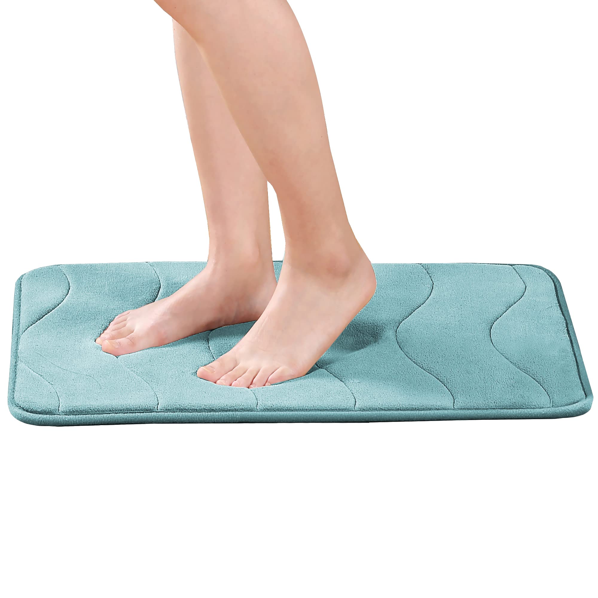 H.VERSAILTEX Original Memory Foam Bathroom Rugs Slip-Resistant Extra Absorbent Bath Mat Set, Super Soft Microfiber Non Slip Bath Mats for Floor, Green Waved Pattern (Set of 1-17" x 24")