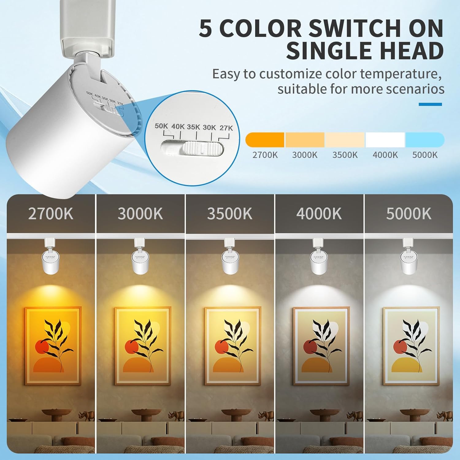 5-Color 6-Light LED Track Lighting Kit with 6.6FT H Type Track Lighting Rail, Dimmable Track Lights Ceiling Spot Light 2700K-5000K, CRI90+, 36° Beam 10W 800lm, White