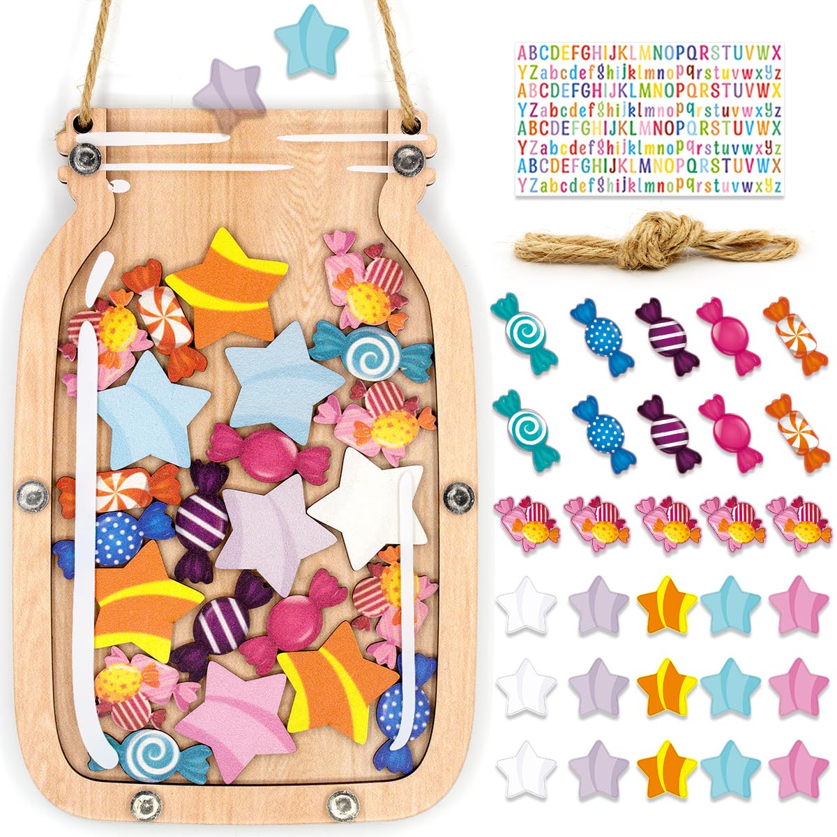 YUNFIRE Personalized Stars Reward Jar for Kids, DIY, with Colorful Letter Stickers, Potty Training Reward Jar, Chore Chart, Magnetic Bulletin Board, Positive Behavior Chart for Classroom (Candy)