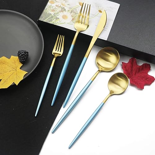 Miniatura 2 de JASHII Juego de cubiertos de lujo con mango azul 1810, juego de cubiertos de acero inoxidable 304, 20 piezas, acabado satinado moderno Adaline