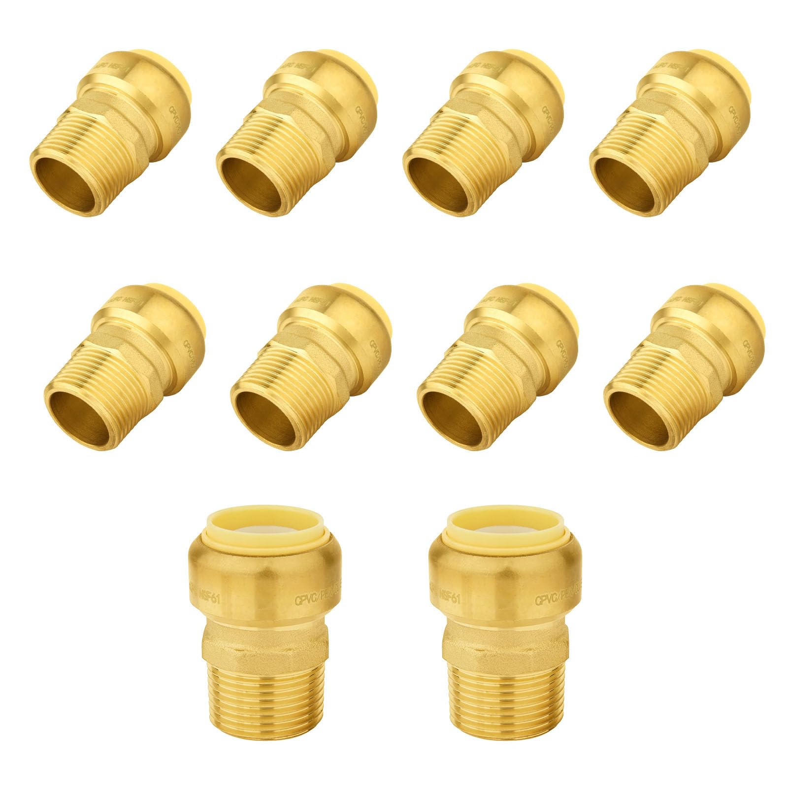 10 szt. złączek mosiężnych Foskan 3/4" Push-to-connect x 3/4" z gwintem zewnętrznym, do łączenia rur PEX, miedzianych, C, PE-RT, z zaciskiem rozłączającym do napraw hydraulicznych (PTC x MNPT)