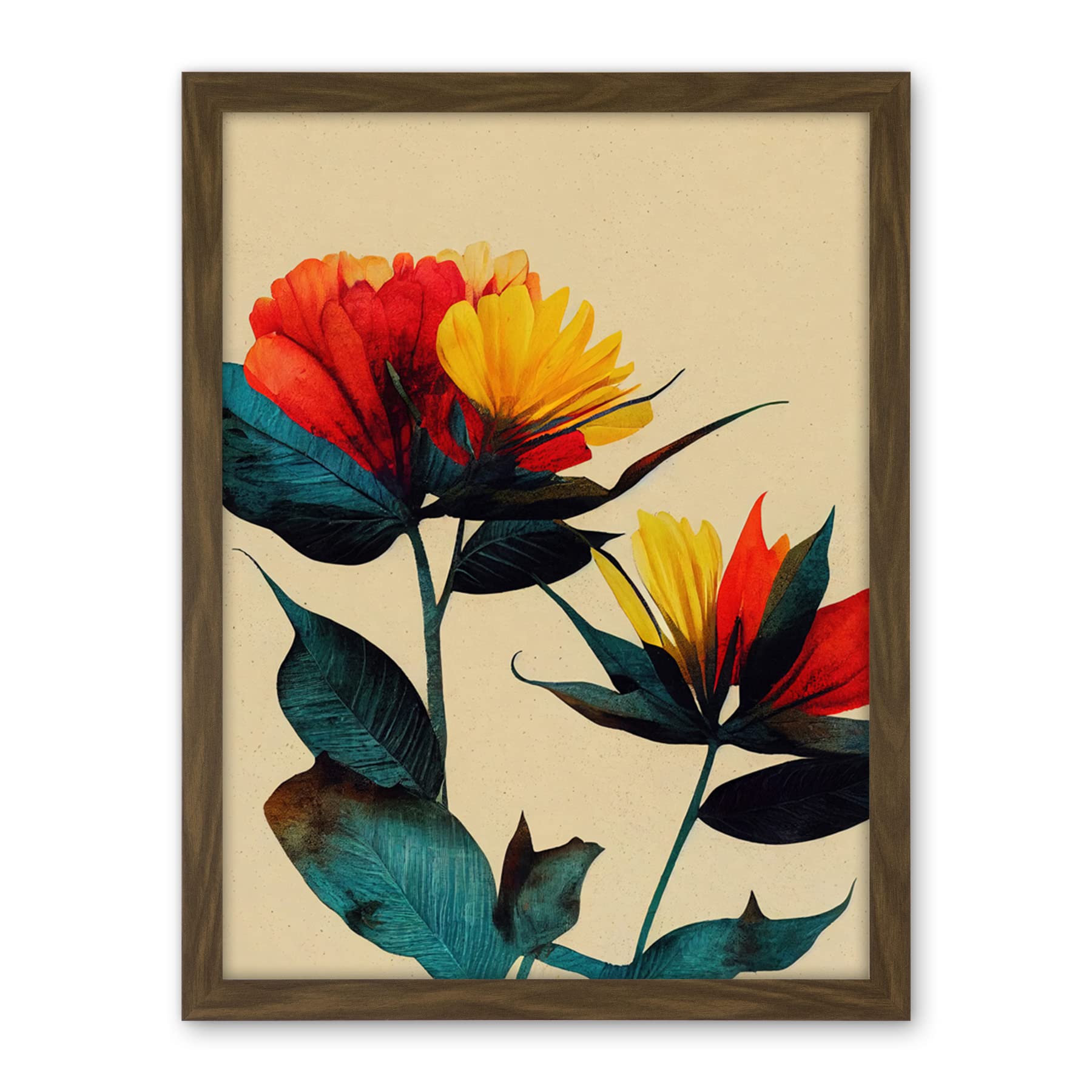Wee Blue Coo Botanical Bold Flowering Yellow Red Teal Artwork Framed Wall Art Print 18X24 Inch