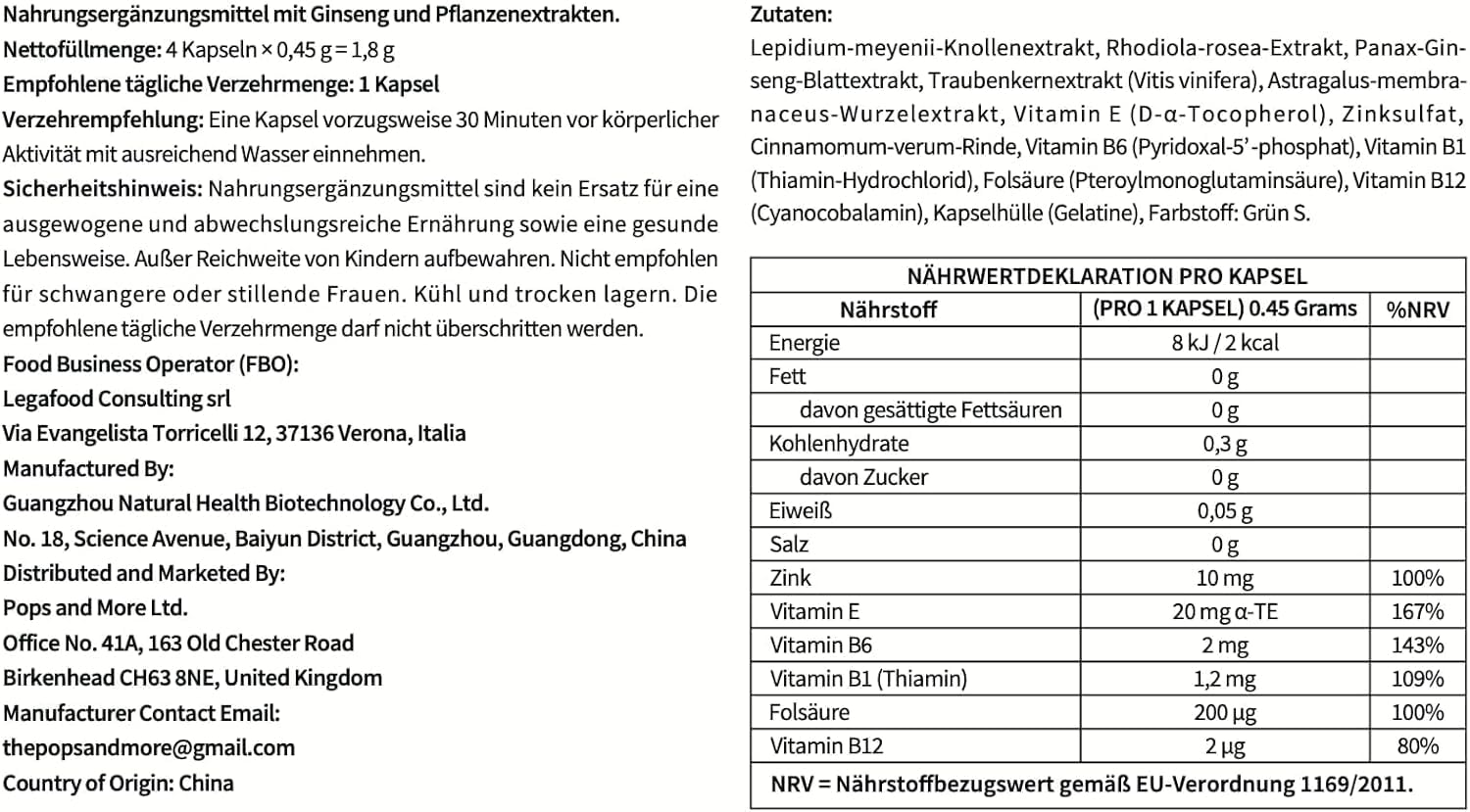 Kapseln mit Ginseng, Maca, Rhodiola, Astragalus, Traubenkernextrakt, Vitaminen & Zink 8 Kapseln – Nahrungsergänzungsmittel für aktive Männer | Praktische 8-Kapsel-Packung