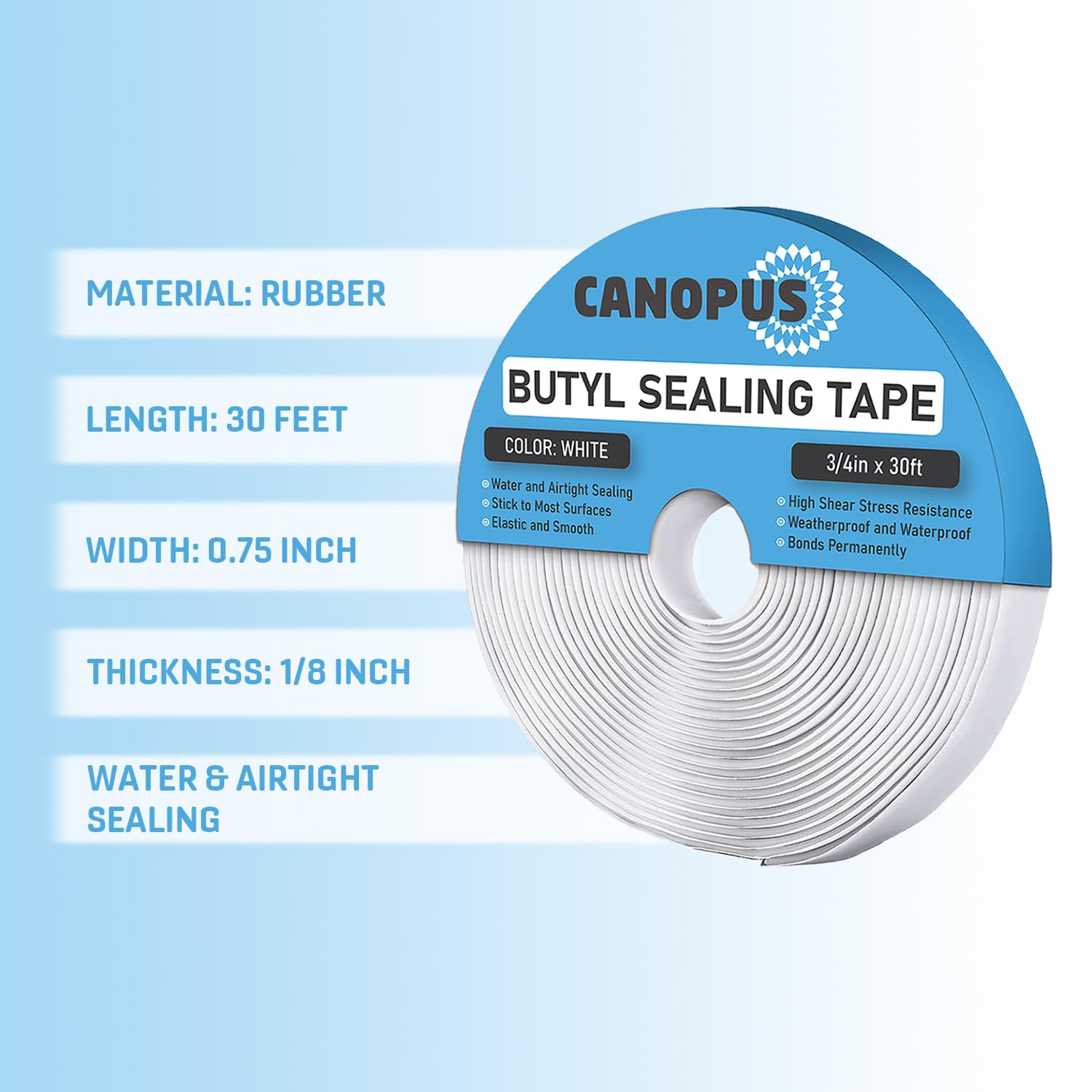 CANOPUS Butyl Klebeband für RV, Wohnwagen, Wohnmobil, Butylband Extra Stark Weiß (2mm x 20mm x 9,1m) Selbstklebend