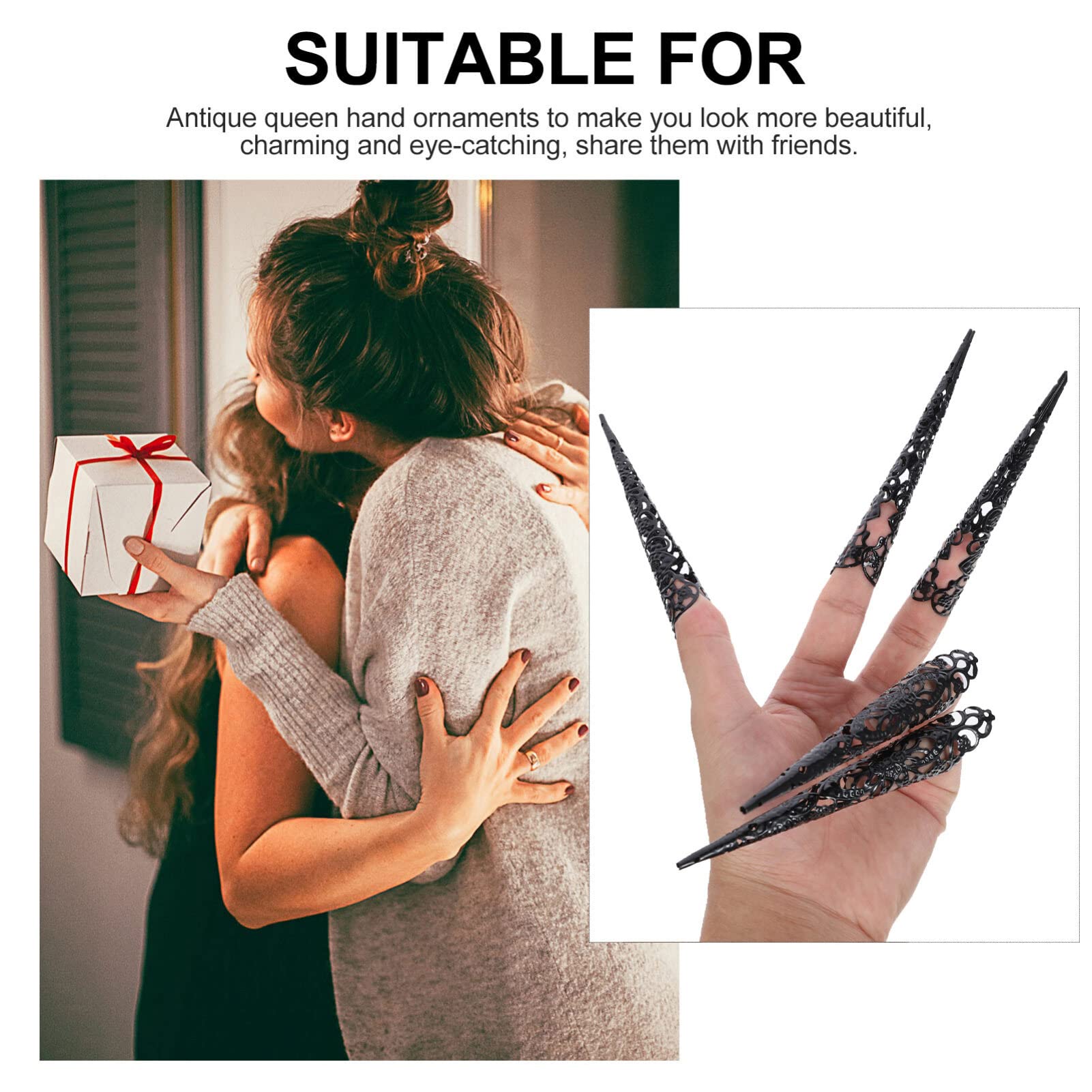 5-Piece Set Finger Nail Tip Claw Rings,Floral Nail Tip Claw Rings Ancient Queen Costume Fingertip Decor for Halloween Women Cosplay Costumes - Image 4