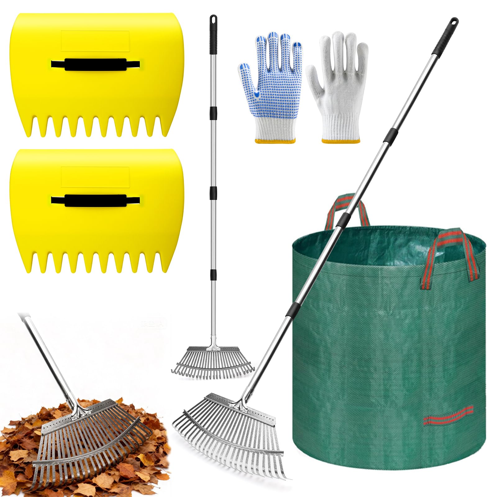 Rastrillo de hojas 3 en 1 de metal con mango grande ajustable de 62 pulgadas + 25 dientes, escoba XXL con recogehojas y bolsa de recogida de 120 L para hojas, césped y hierba