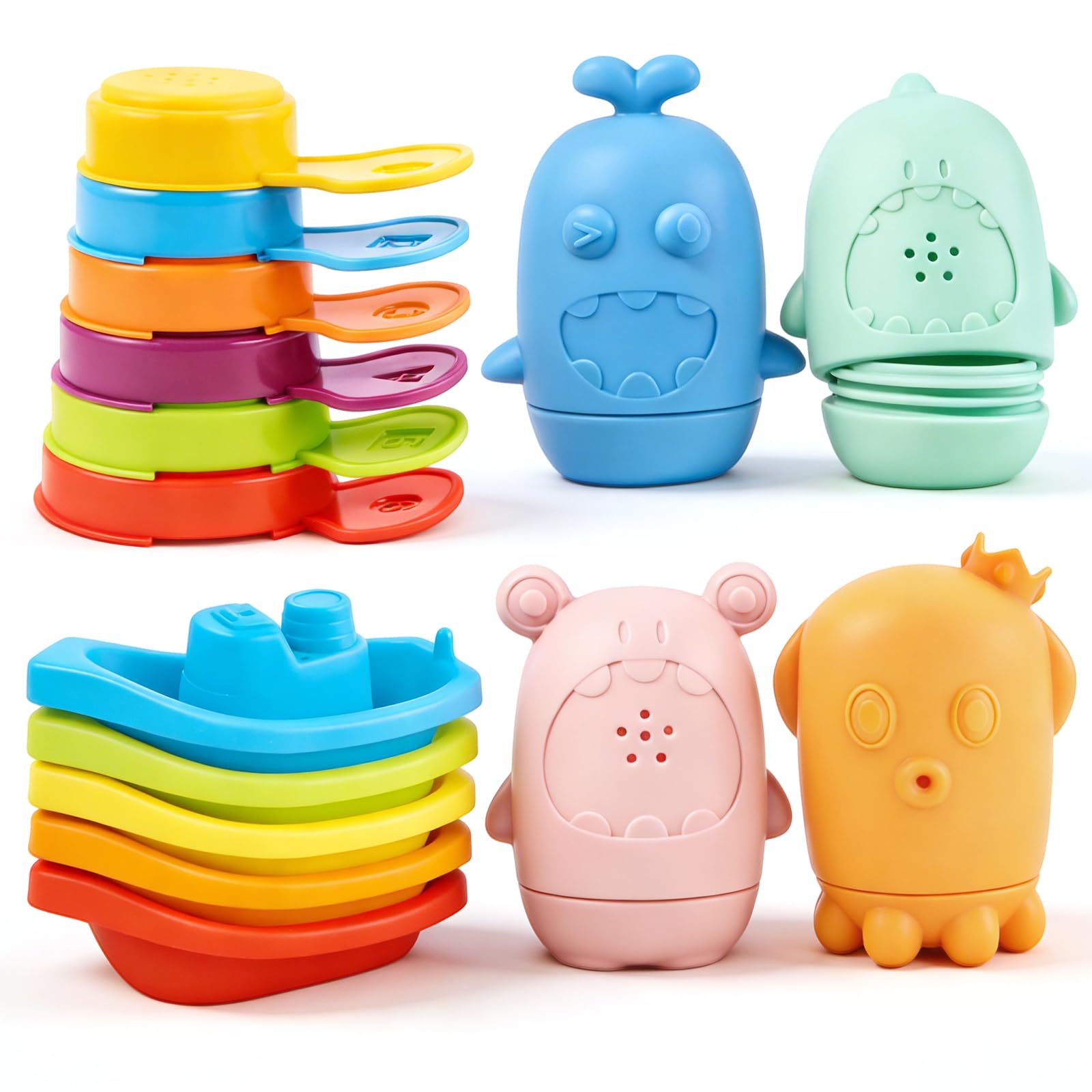 Baby Bath Toys for Toddlers, 15 PCS Mold Free Bathtub Water Play Toys with Rainbow Color Floating Boats Spoons and Silicone Sensory Bath Toys, Water