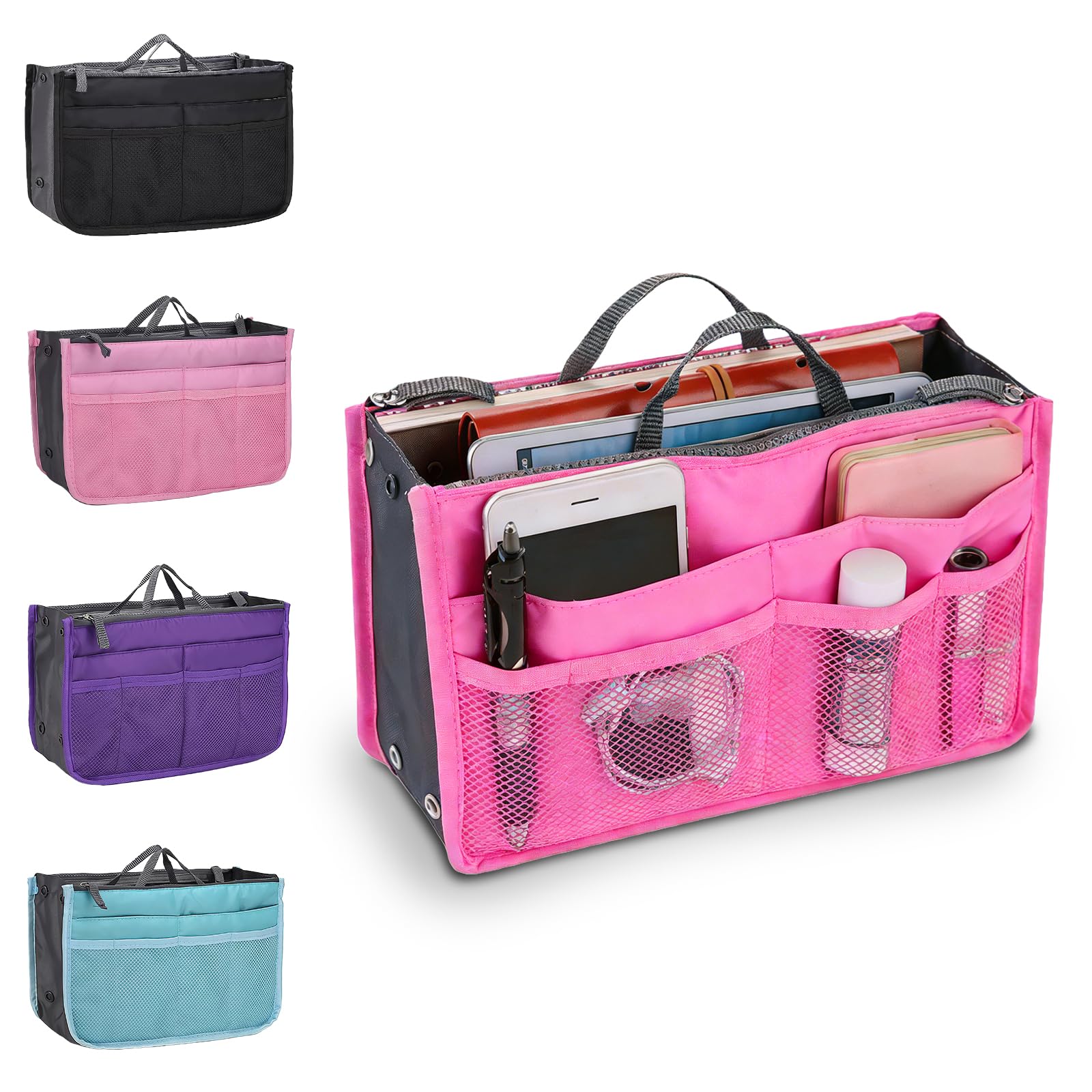 Nbouou Women's Rose Red Handbag Organiser Insert, Multi-Function Expandable Liner Bag, 13 Pockets Travel Handbag Purse Organiser, Zipper Bag Organiser Tote Bags With Lifting Handle And Multi Pockets For (Rose Red)